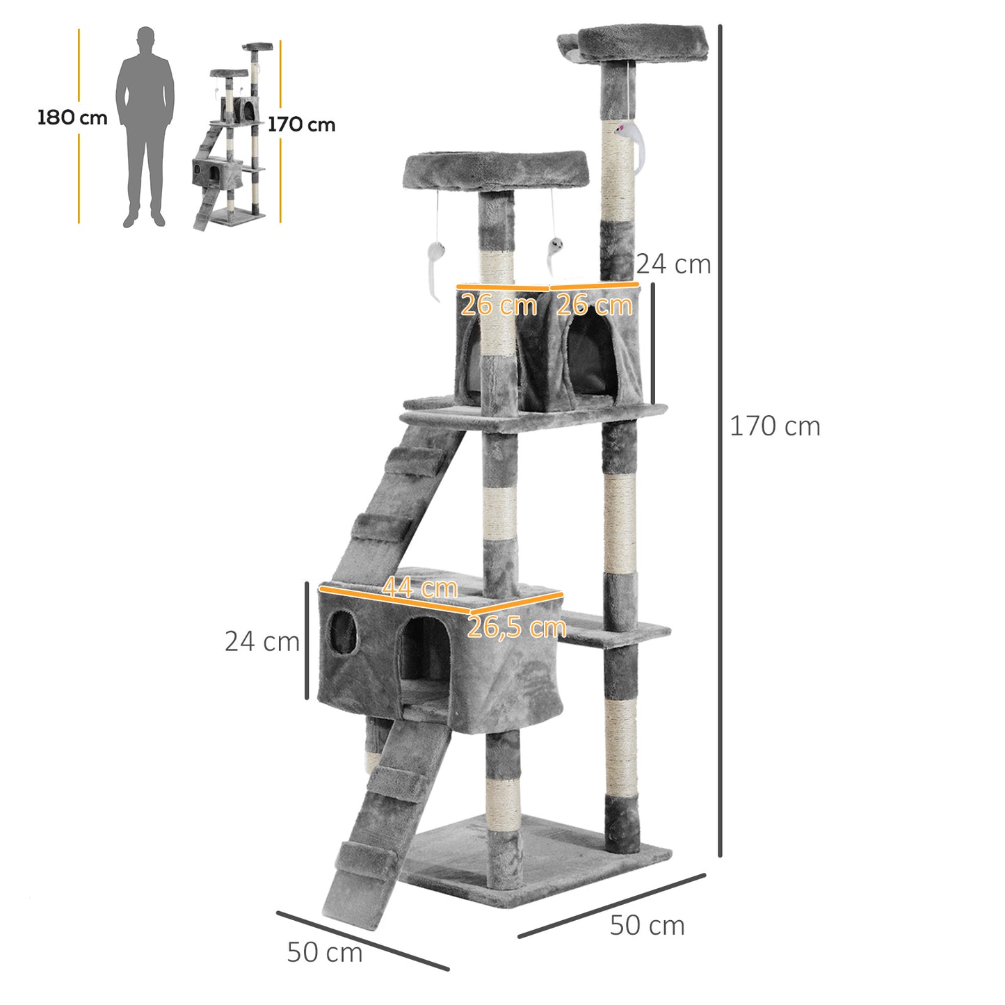 PawHut Árbol Rascador para Gatos Grande 49x49x173 cm con Múltiples Niveles con Cuevas Escaleras Juguetes Colgantes Camas Centro Actividades Sisal Gris