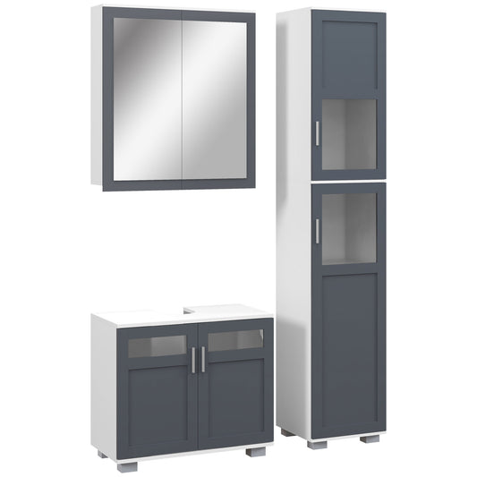 kleankin Conjunto de Baño Incluye 1 Columna de Baño 1 Armario de Baño con Espejo y 1 Mueble para Debajo del Lavabo con Puertas de Vidrio y Estantes Ajustables Blanco