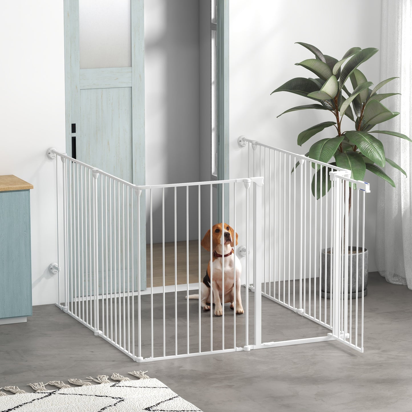 PawHut Parque para Perros de 6 Paneles Corralito para Mascotas Plegable de Acero con Doble Cerradura Función de Bloqueo Auxiliar y Forma de Bricolaje para Pasillos Escaleras 123x102x90 cm Blanco