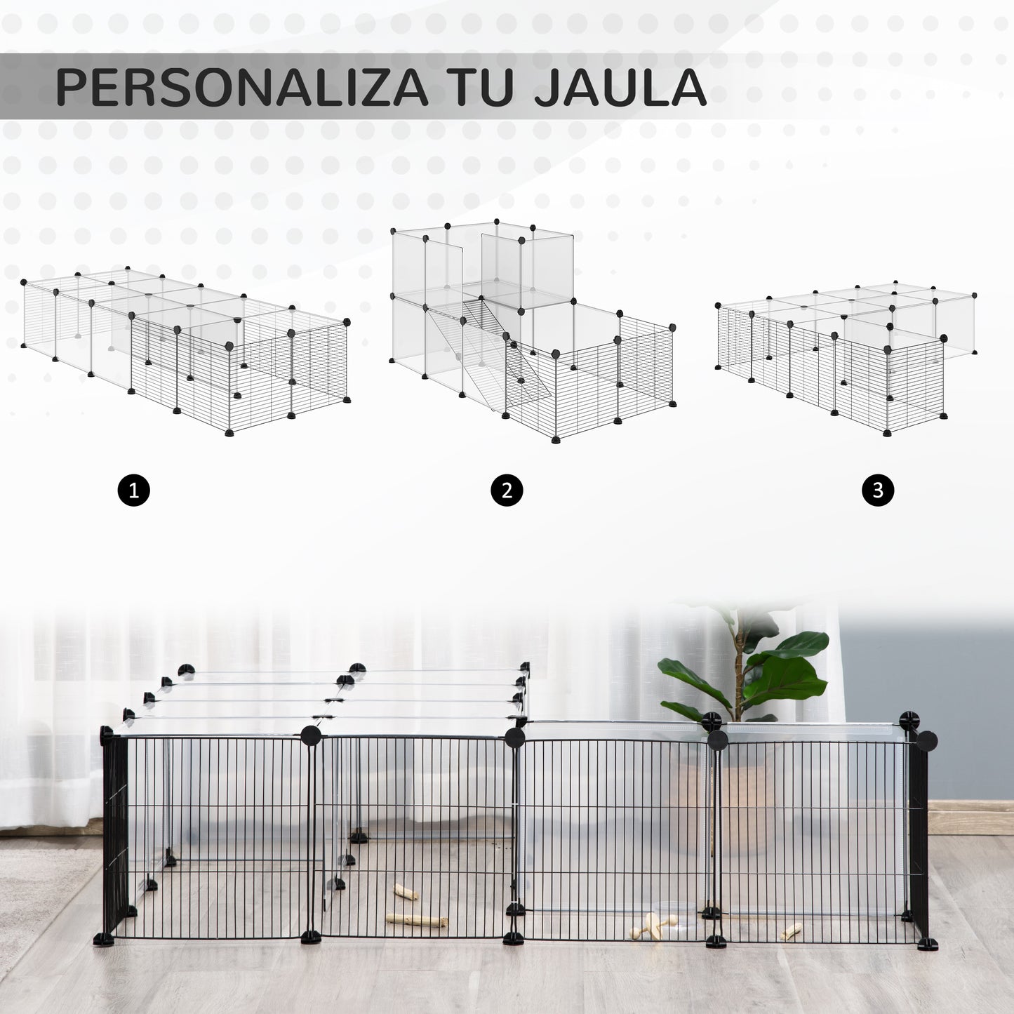 PawHut Jaula para Animales Pequeños Parque para Mascotas con 27 Paneles y Forma Personalizable para Cobayas Conejos Chinchillas 140x70x70 cm Transparente