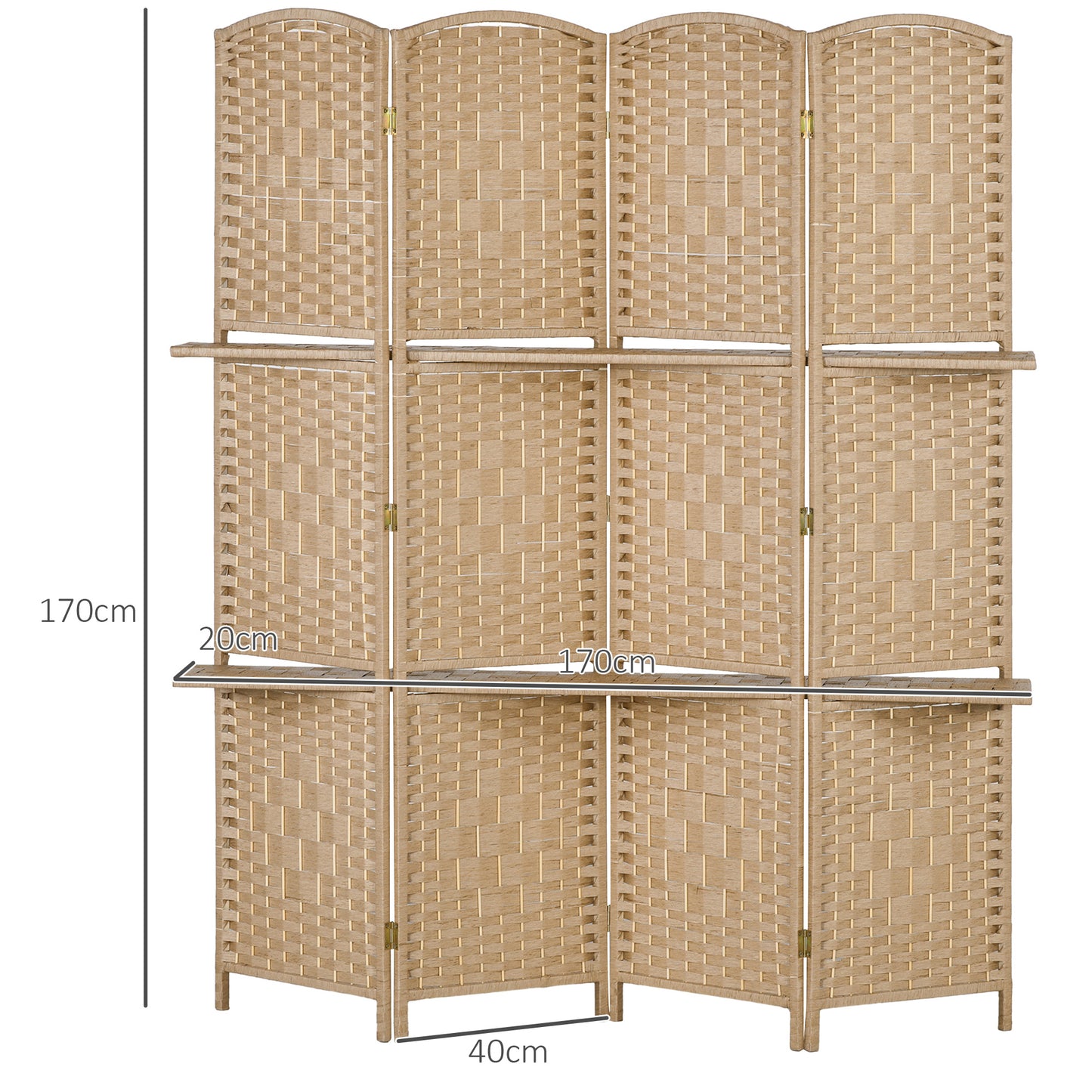 HOMCOM Biombo Separador de Ambientes de 4 Paneles 160x170 cm con 2 Estantes de Exhibición Pantalla de Privacidad Plegable Divisor para Oficina Dormitorio Natural