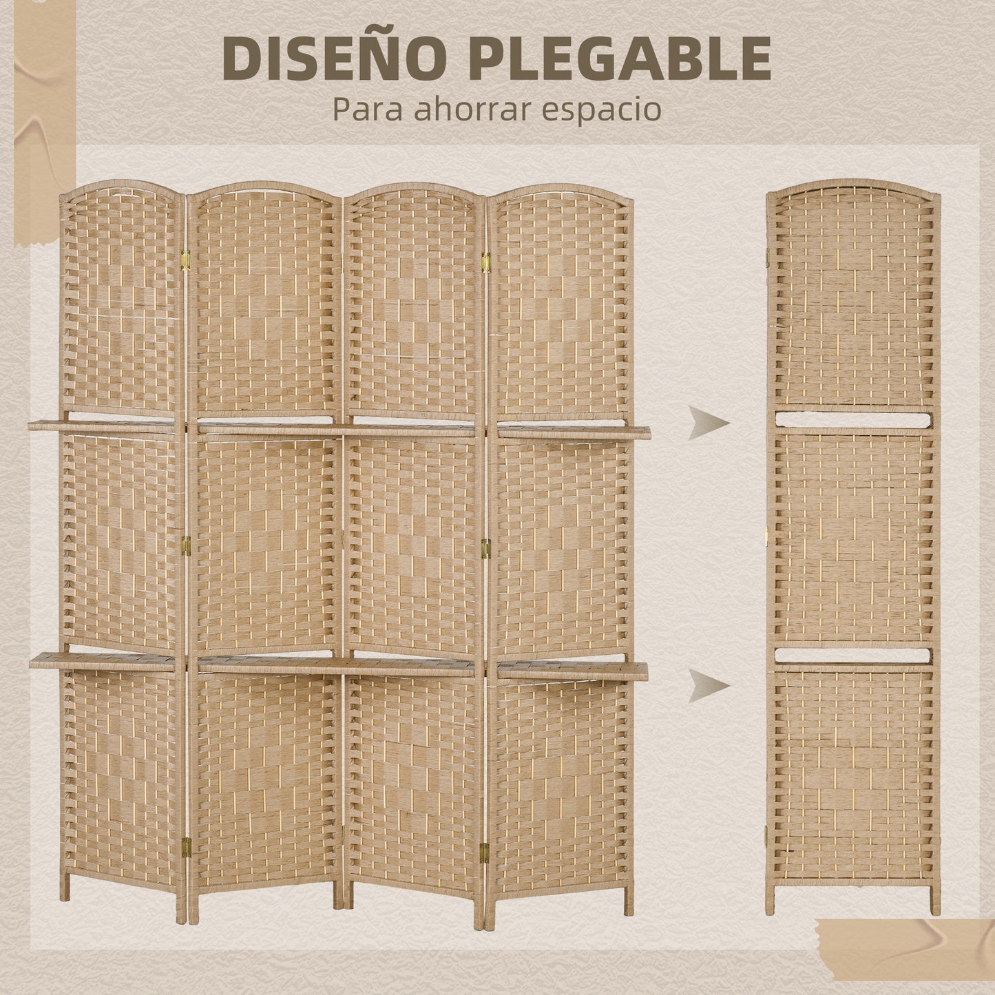 HOMCOM Biombo Separador de Ambientes de 4 Paneles 160x170 cm con 2 Estantes de Exhibición Pantalla de Privacidad Plegable Divisor para Oficina Dormitorio Natural