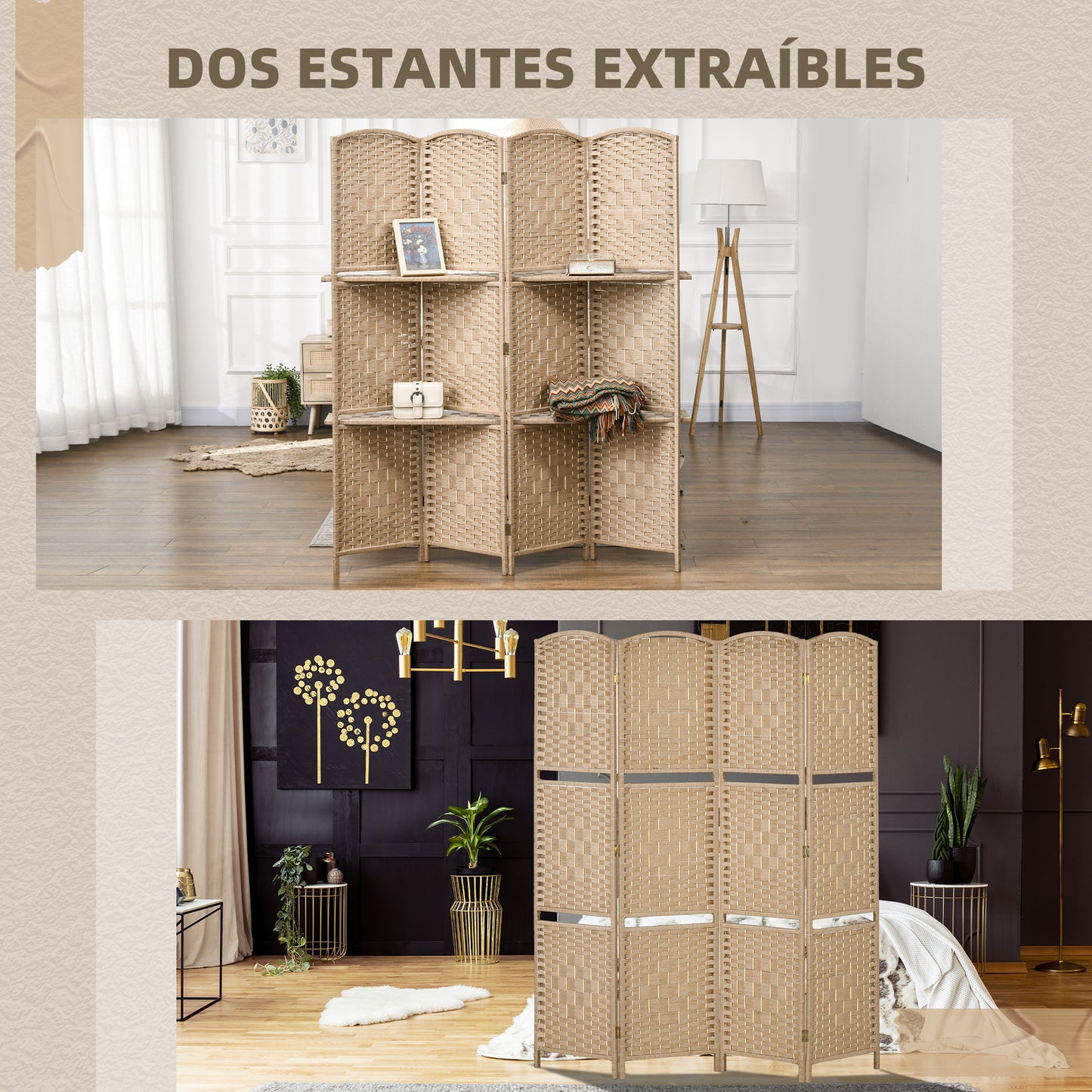 HOMCOM Biombo Separador de Ambientes de 4 Paneles 160x170 cm con 2 Estantes de Exhibición Pantalla de Privacidad Plegable Divisor para Oficina Dormitorio Natural