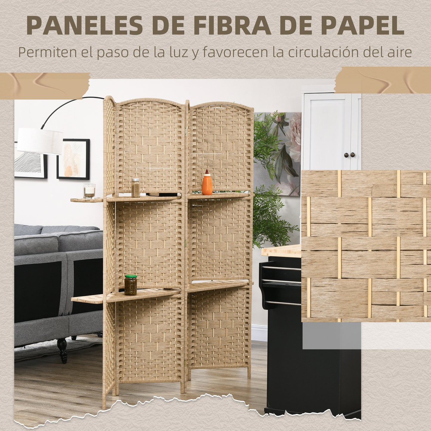 HOMCOM Biombo Separador de Ambientes de 4 Paneles 160x170 cm con 2 Estantes de Exhibición Pantalla de Privacidad Plegable Divisor para Oficina Dormitorio Natural