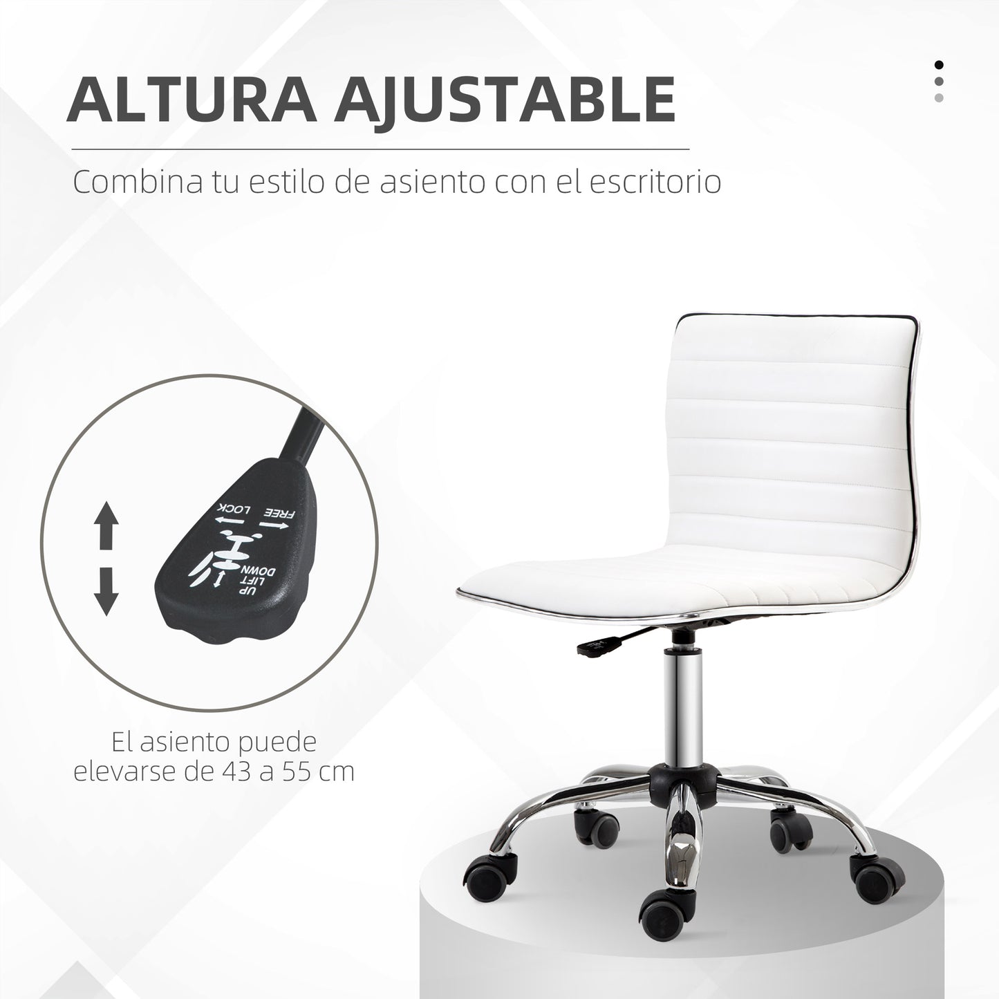 HOMCOM Silla de Oficina sin Brazos Silla de Escritorio Giratoria con Altura Ajustable Silla para Estudio Tapizada en PU Carga 120 kg Blanco