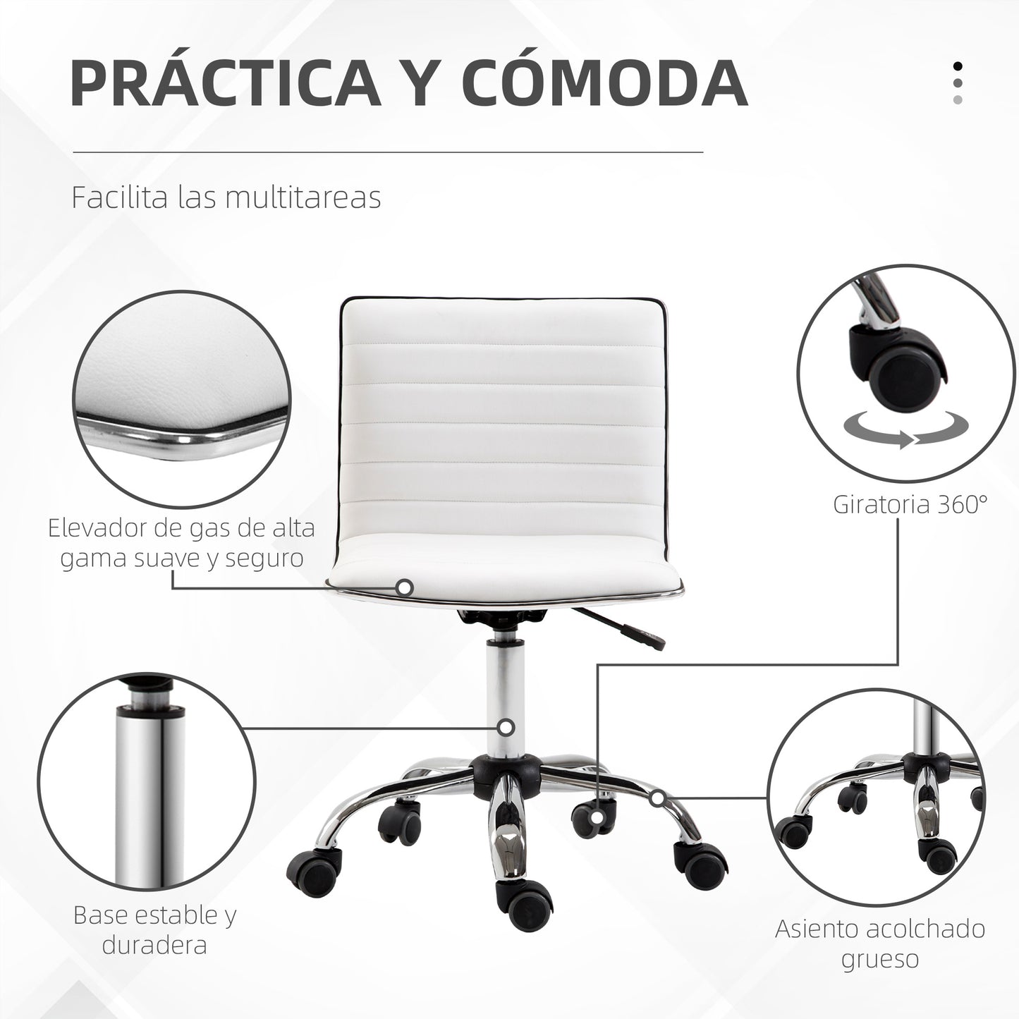 HOMCOM Silla de Oficina sin Brazos Silla de Escritorio Giratoria con Altura Ajustable Silla para Estudio Tapizada en PU Carga 120 kg Blanco