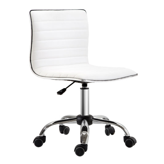 HOMCOM Silla de Oficina sin Brazos Silla de Escritorio Giratoria con Altura Ajustable Silla para Estudio Tapizada en PU Carga 120 kg Blanco