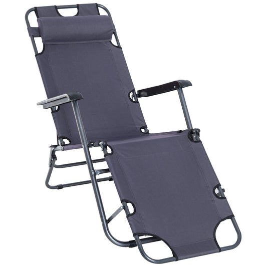 Outsunny Tumbona Reclinable y Plegable Silla de Playa Tumbona Relax Plegable con Respaldo Ajustable Reposabrazos Almohada y Reposapiés para Jardín Balcón Carga 136 kg 135x60x89 cm Gris