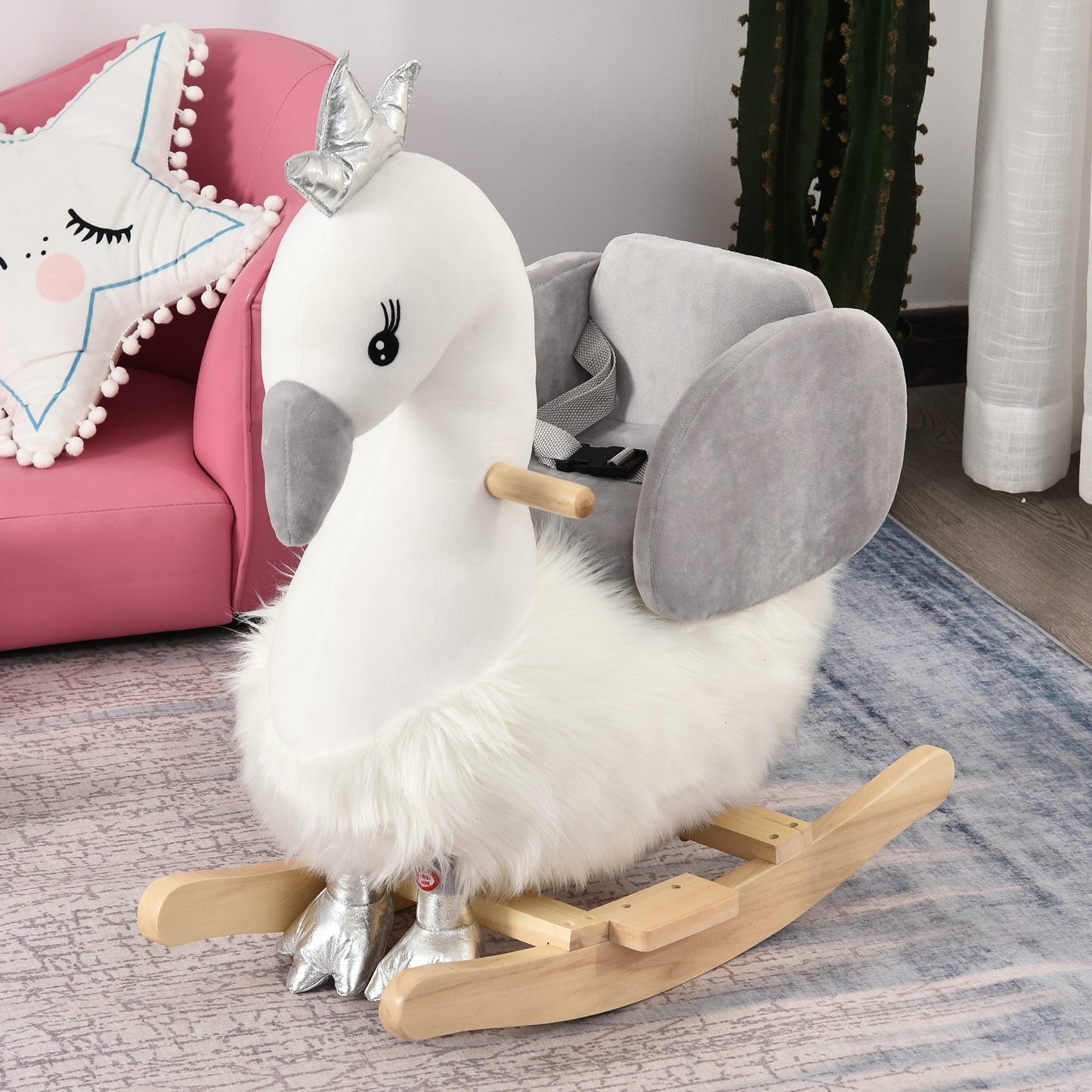 HOMCOM Caballito Balancín para Bebé de +18 Meses Suave con Forma de Cisne Sonidos Reposapiés y Cinturón 60x33x59 cm Blanco y Gris