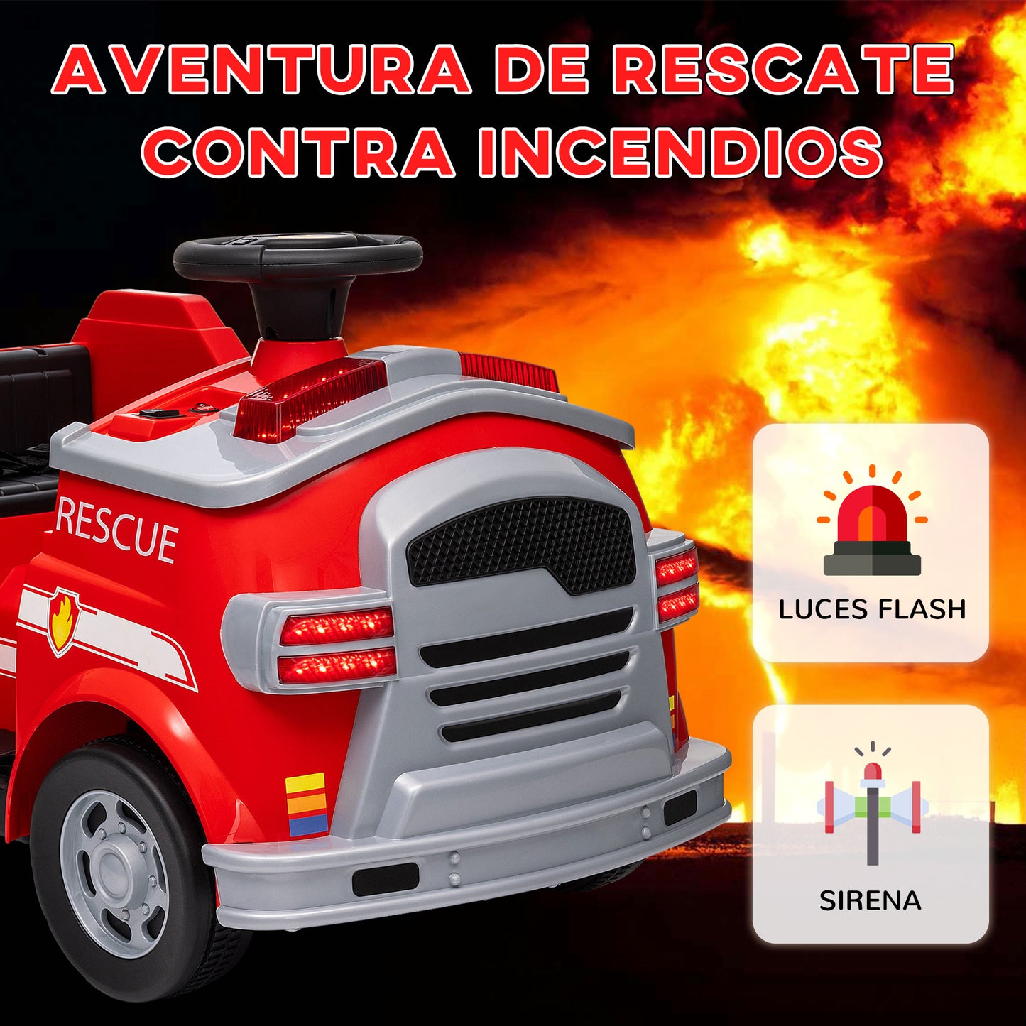 AIYAPLAY Coche Eléctrico para Niños de +3 Años Carro Eléctrico Infantil Camión de Bomberos para Niños con Batería 12V Sirena Faros Bocina Música y Herramientas de Bombero Rojo