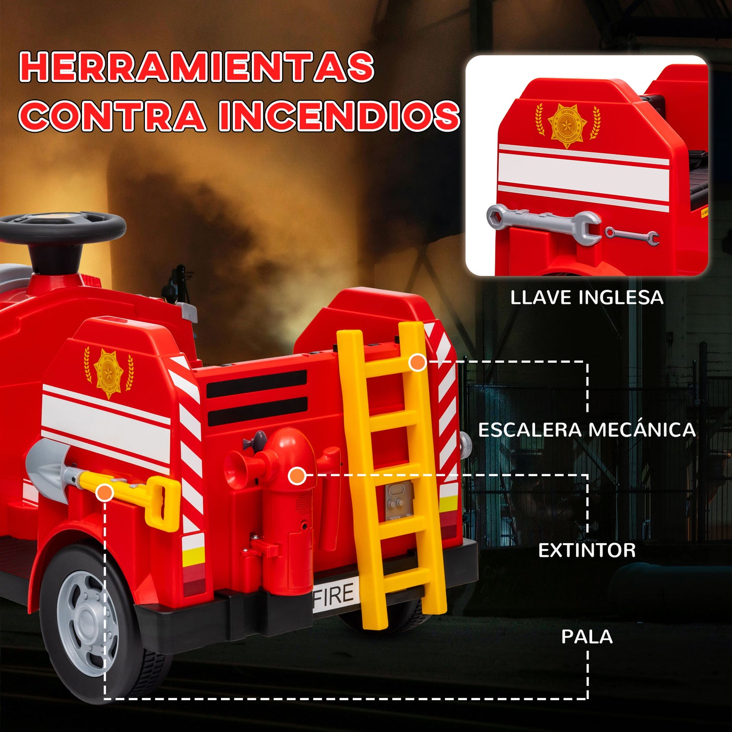 AIYAPLAY Coche Eléctrico para Niños de +3 Años Carro Eléctrico Infantil Camión de Bomberos para Niños con Batería 12V Sirena Faros Bocina Música y Herramientas de Bombero Rojo