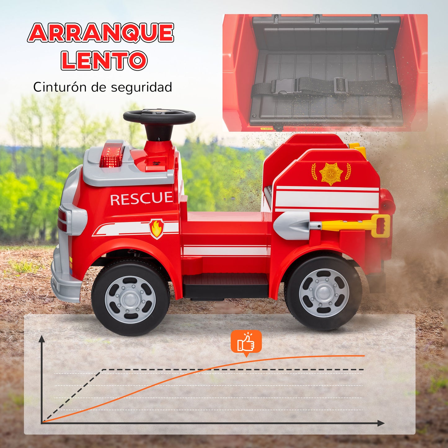 AIYAPLAY Coche Eléctrico para Niños de +3 Años Carro Eléctrico Infantil Camión de Bomberos para Niños con Batería 12V Sirena Faros Bocina Música y Herramientas de Bombero Rojo