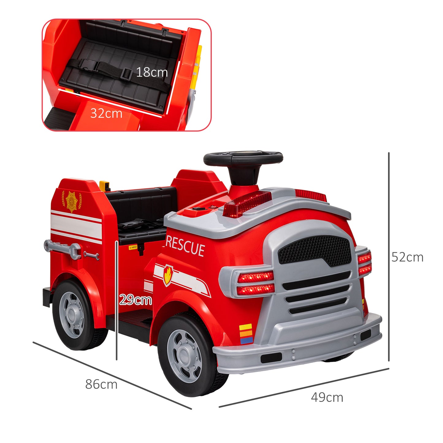 AIYAPLAY Coche Eléctrico para Niños de +3 Años Carro Eléctrico Infantil Camión de Bomberos para Niños con Batería 12V Sirena Faros Bocina Música y Herramientas de Bombero Rojo