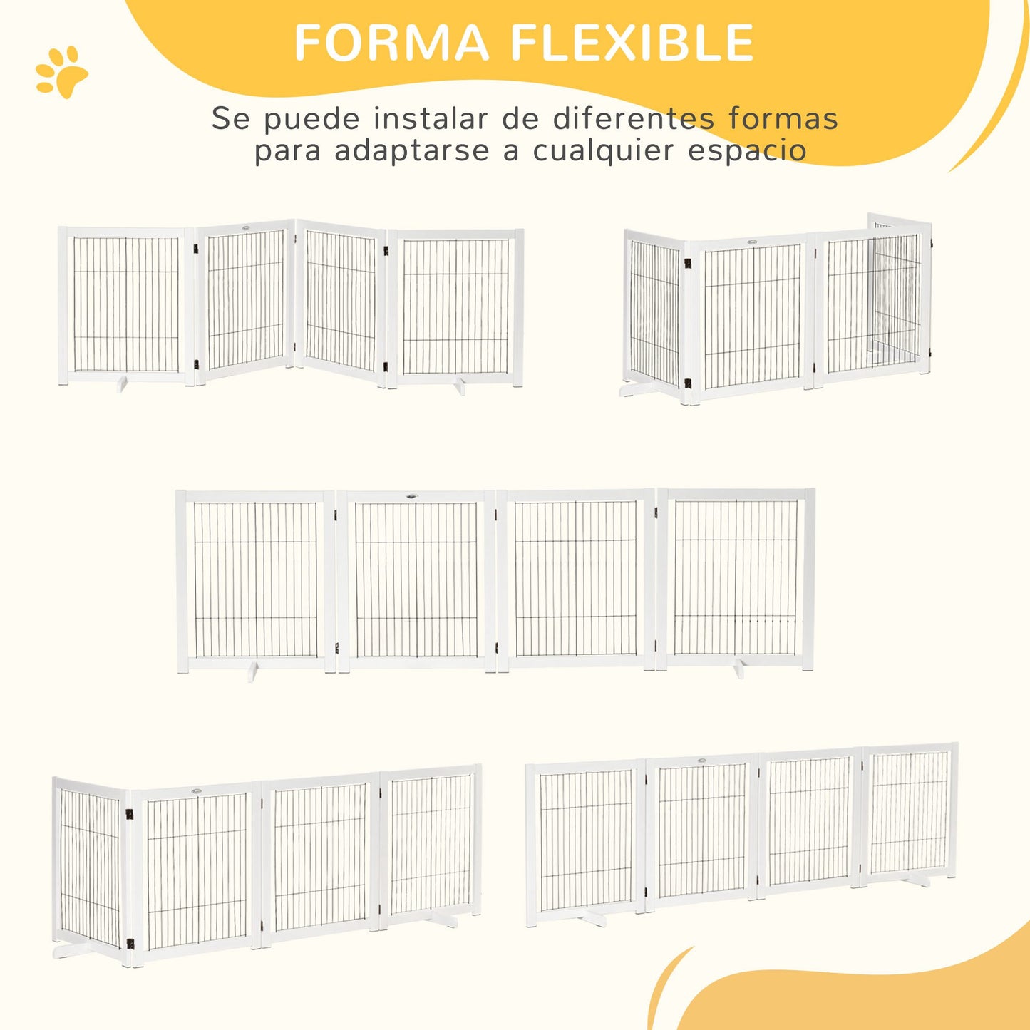 PawHut Barrera de Seguridad para Perros Plegable Barrera para Perros en Casa de 4 Paneles con Patas y Marco de Madera para Puertas Escaleras Pasillos 264x35,5x77 cm Blanco