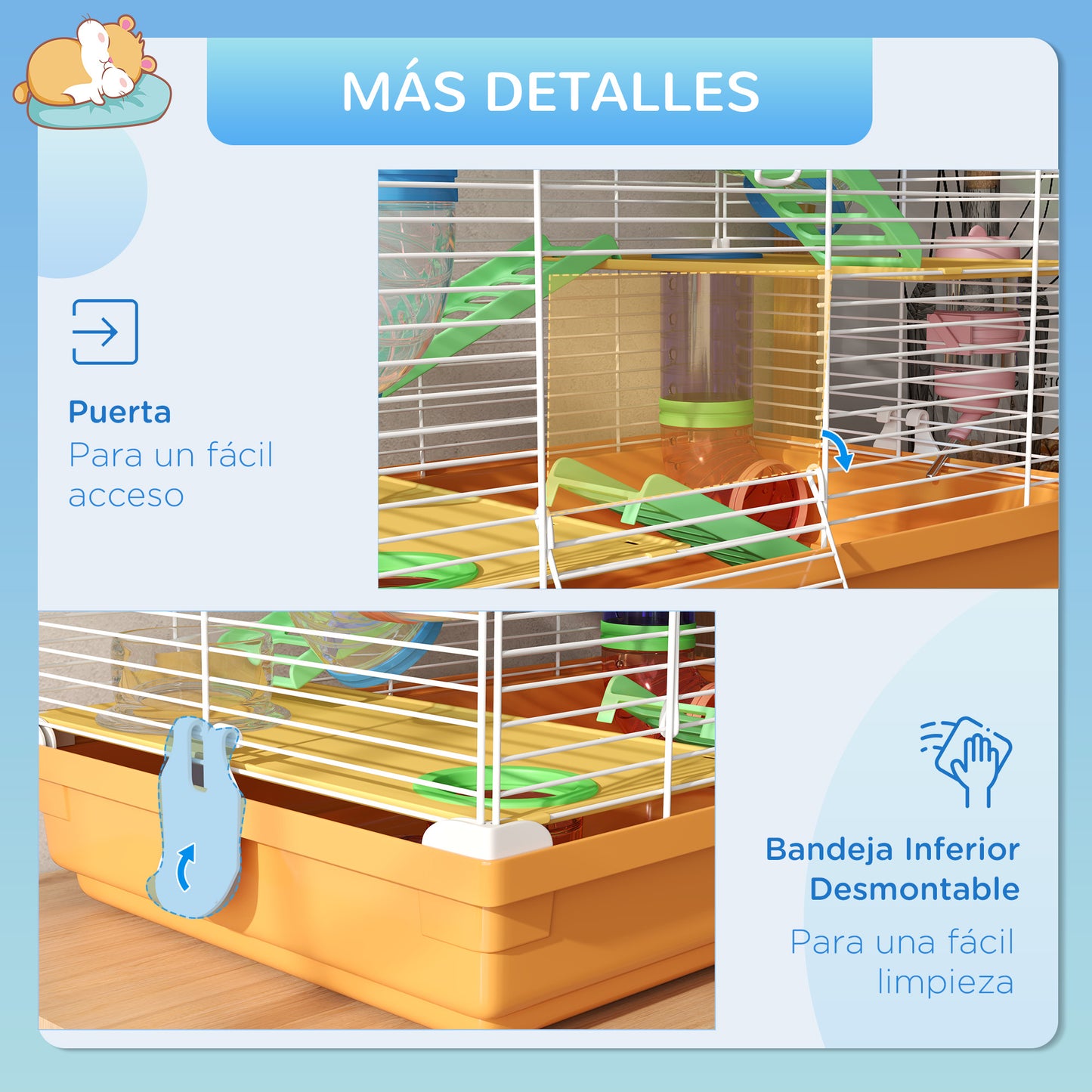 PawHut Jaula para Hámster Casa para Animales Pequeños con Túnel Plataformas Cuenco Bebedero Casita Rampas y Rueda de Ejercicio 46x30x58 cm Naranja