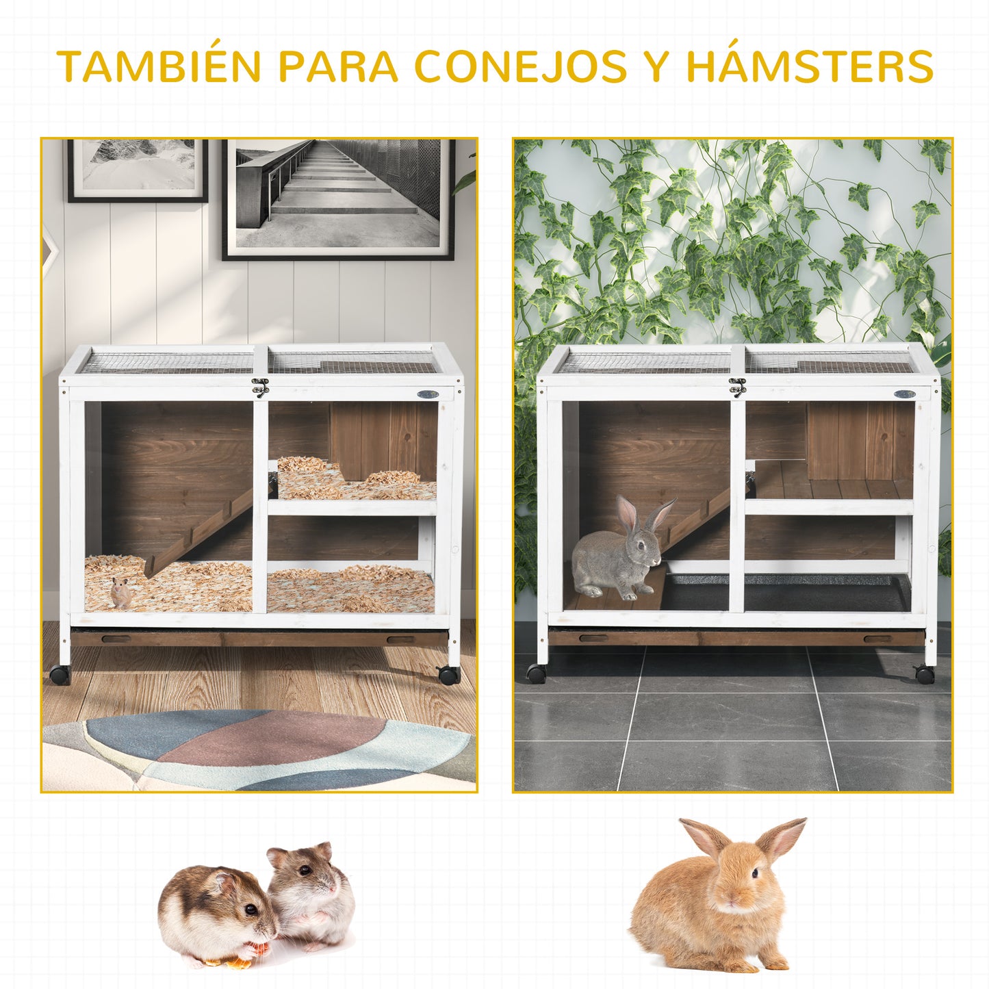 PawHut Conejera de Madera con Ruedas 91,5x53,3x73 cm Jaula para Conejos de 2 Niveles con Techo Abatible Bandeja Extraíble y Rampa Marrón