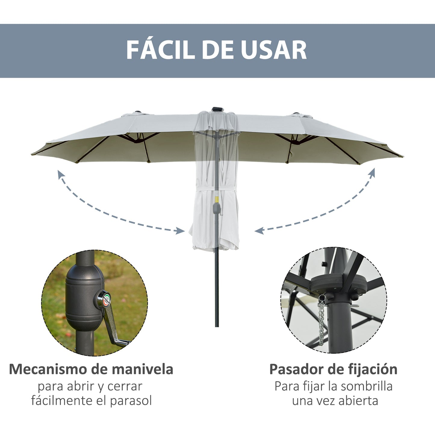 Outsunny Sombrilla Doble de Jardín con 48 Luces LED Solar 450x265x240 cm Parasol para Patio con Manivela Protección Solar para Terraza Balcón Piscina Gris Claro