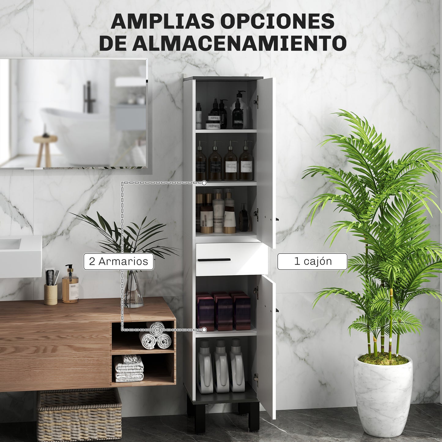 HOMCOM Columna de Baño Armario Alto de Baño con Cajón 2 Puertas y Estantes Ajustable Mueble Auxiliar de Baño Moderno Anti-vuelco 34x32x170 cm Blanco