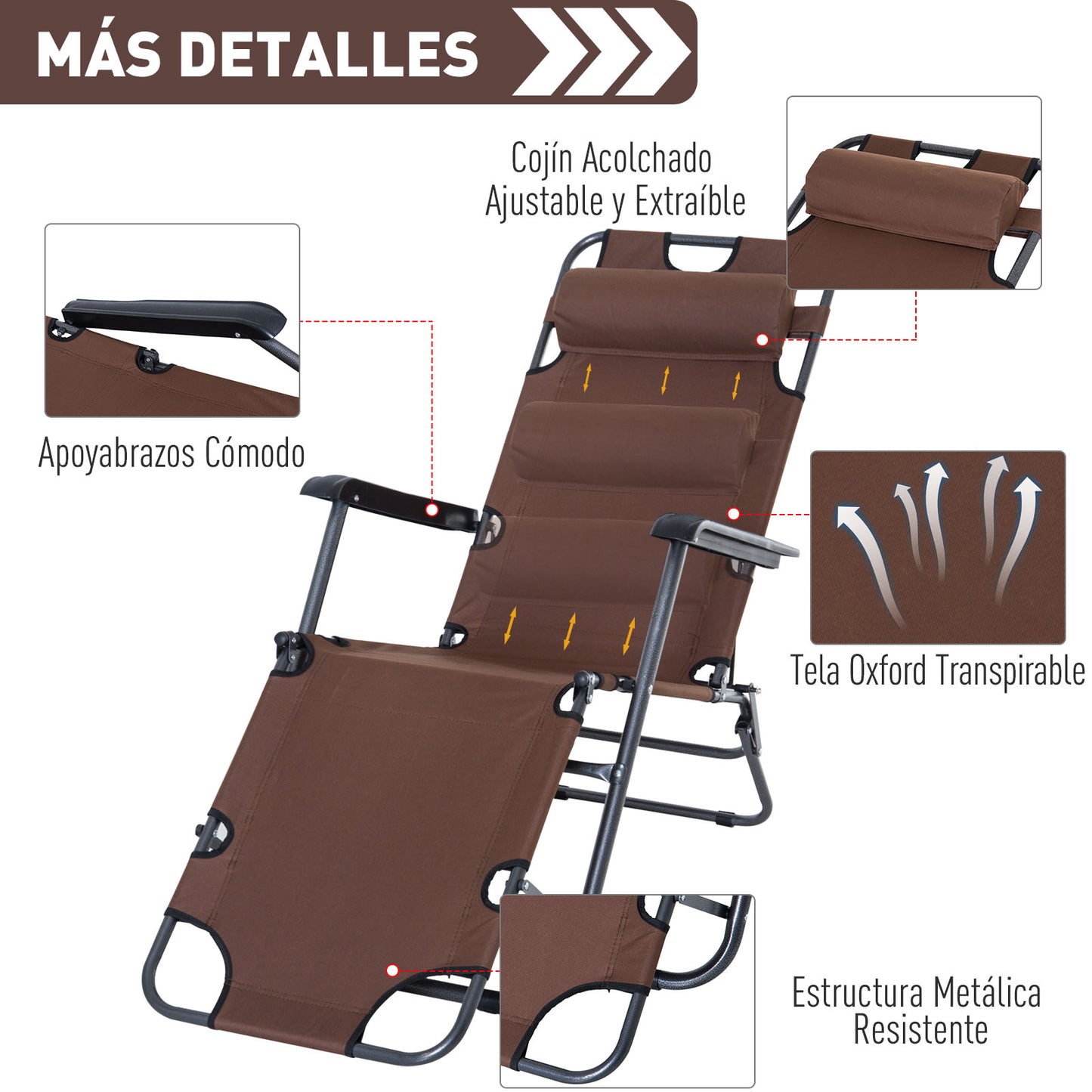 Outsunny Tumbona Reclinable y Plegable Silla de Playa Tumbona Relax Plegable con Respaldo Ajustable Reposabrazos Almohada y Reposapiés para Jardín Balcón Carga 136 kg 135x60x89 cm Marrón