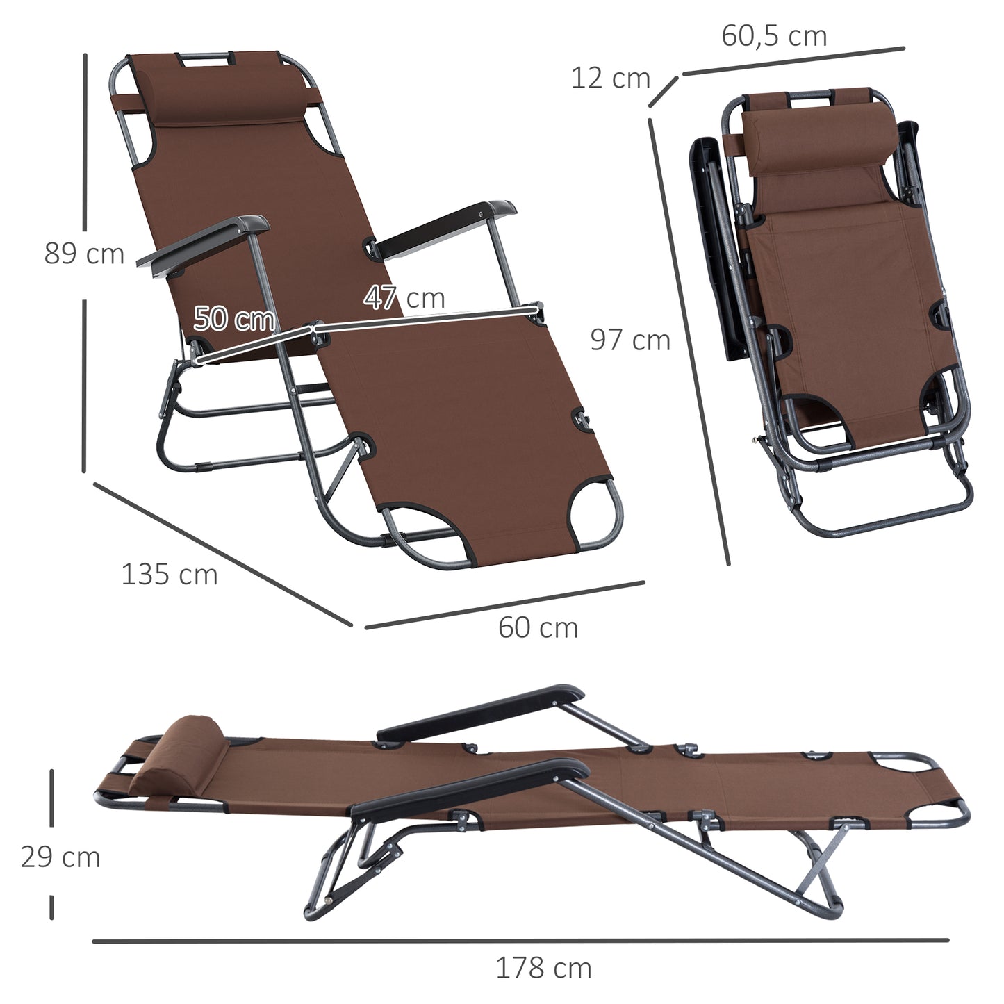 Outsunny Tumbona Reclinable y Plegable Silla de Playa Tumbona Relax Plegable con Respaldo Ajustable Reposabrazos Almohada y Reposapiés para Jardín Balcón Carga 136 kg 135x60x89 cm Marrón