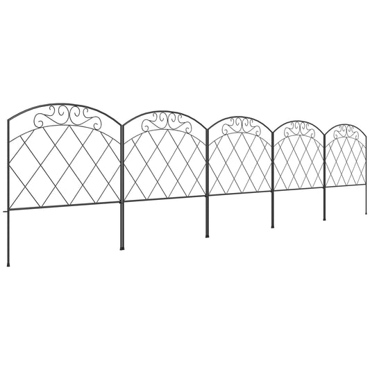 Outsunny Vallas de Jardín 305x61 cm Juego de 5 Vallas Decorativas para Jardín de Metal Combinación Libre en Forma de Arco Barrera para Animales para Terraza Patio Césped Negro