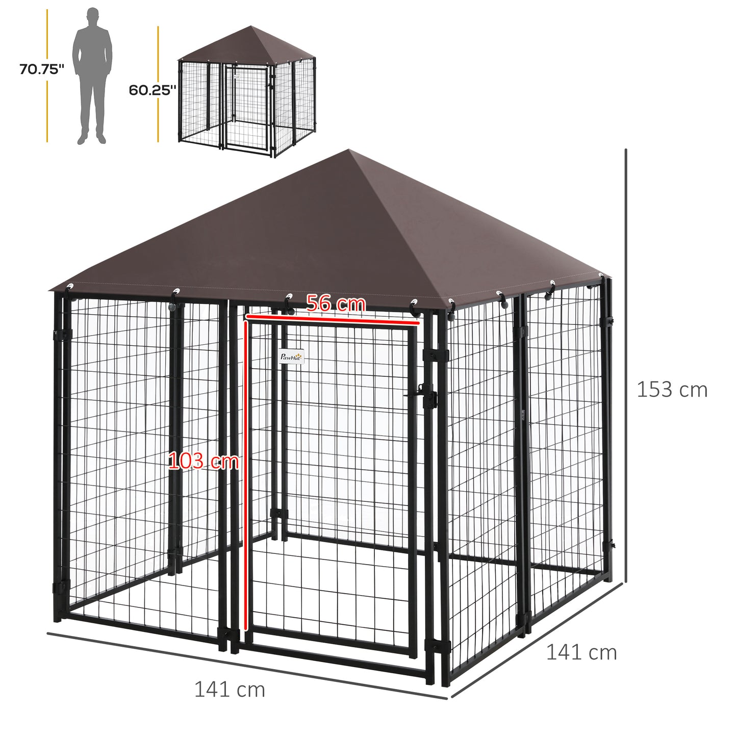 PawHut Perrera de Exterior con Techo 141x141x153 cm Corral para Perros de Jardín Parque para Mascotas con Malla de Metal y Puerta con Cerradura para Terraza Balcón Patio Negro