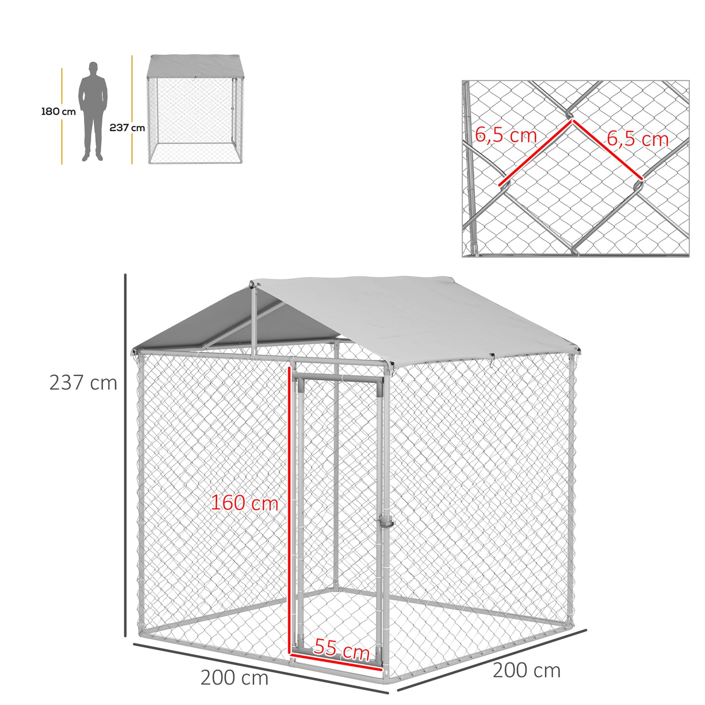 PawHut Perrera Jaula de Exterior para Perros Medianos Parque para Perros con Cerradura Marco de Acero Toldo Impermeable y Anti-UV 200x200x237 cm Plata