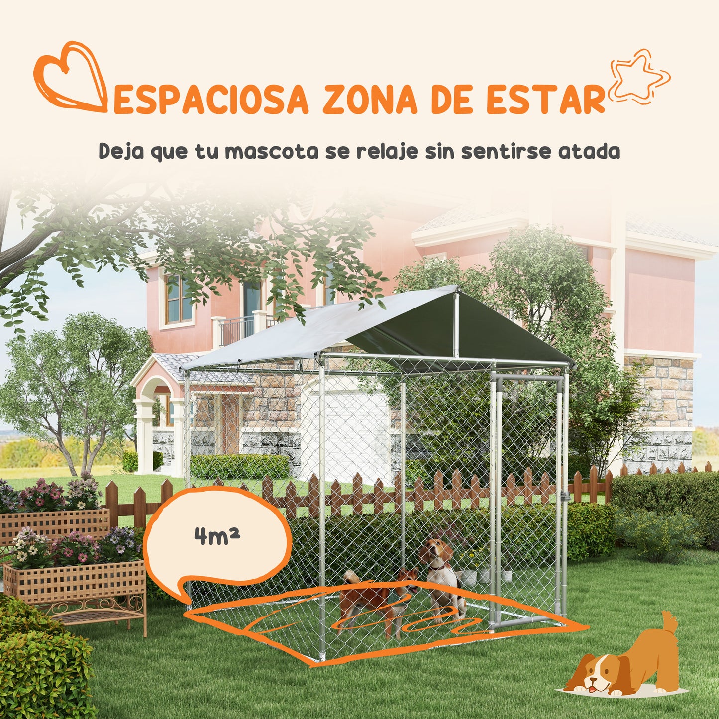 PawHut Perrera Jaula de Exterior para Perros Medianos Parque para Perros con Cerradura Marco de Acero Toldo Impermeable y Anti-UV 200x200x237 cm Plata