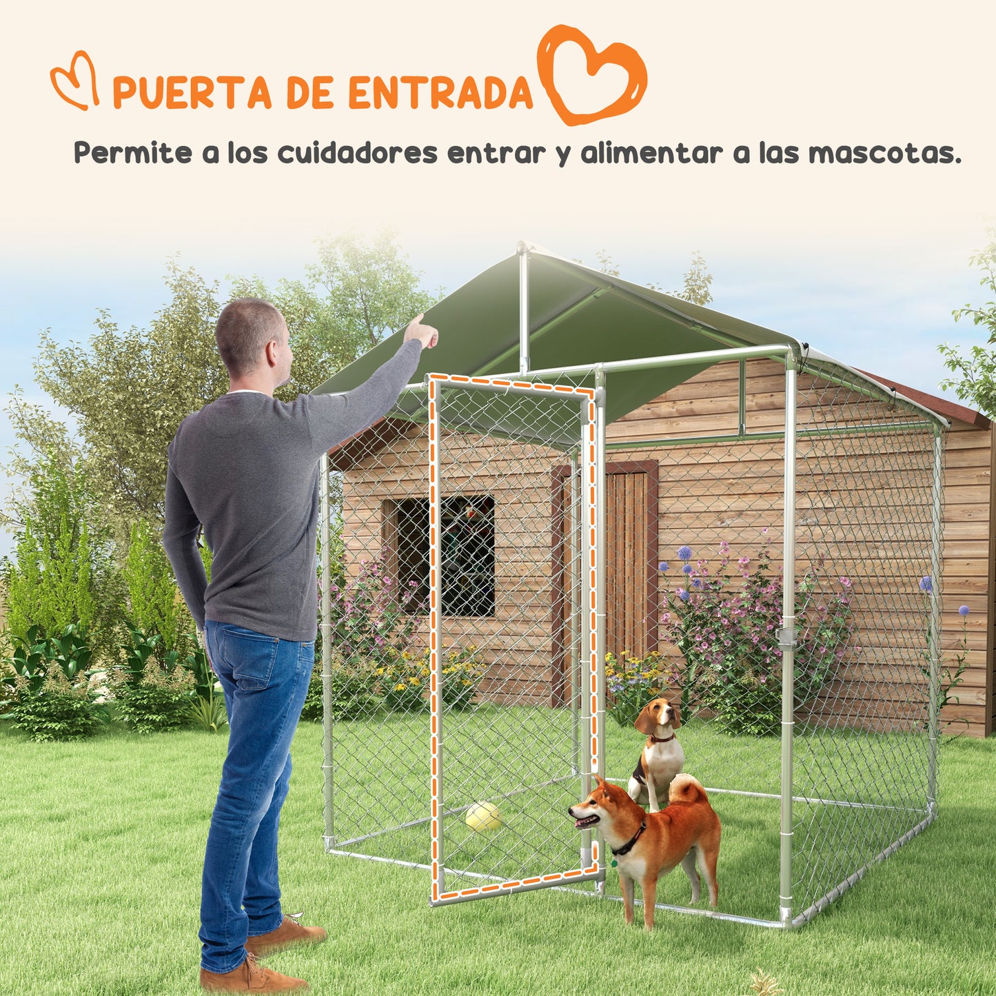 PawHut Perrera Jaula de Exterior para Perros Medianos Parque para Perros con Cerradura Marco de Acero Toldo Impermeable y Anti-UV 200x200x237 cm Plata