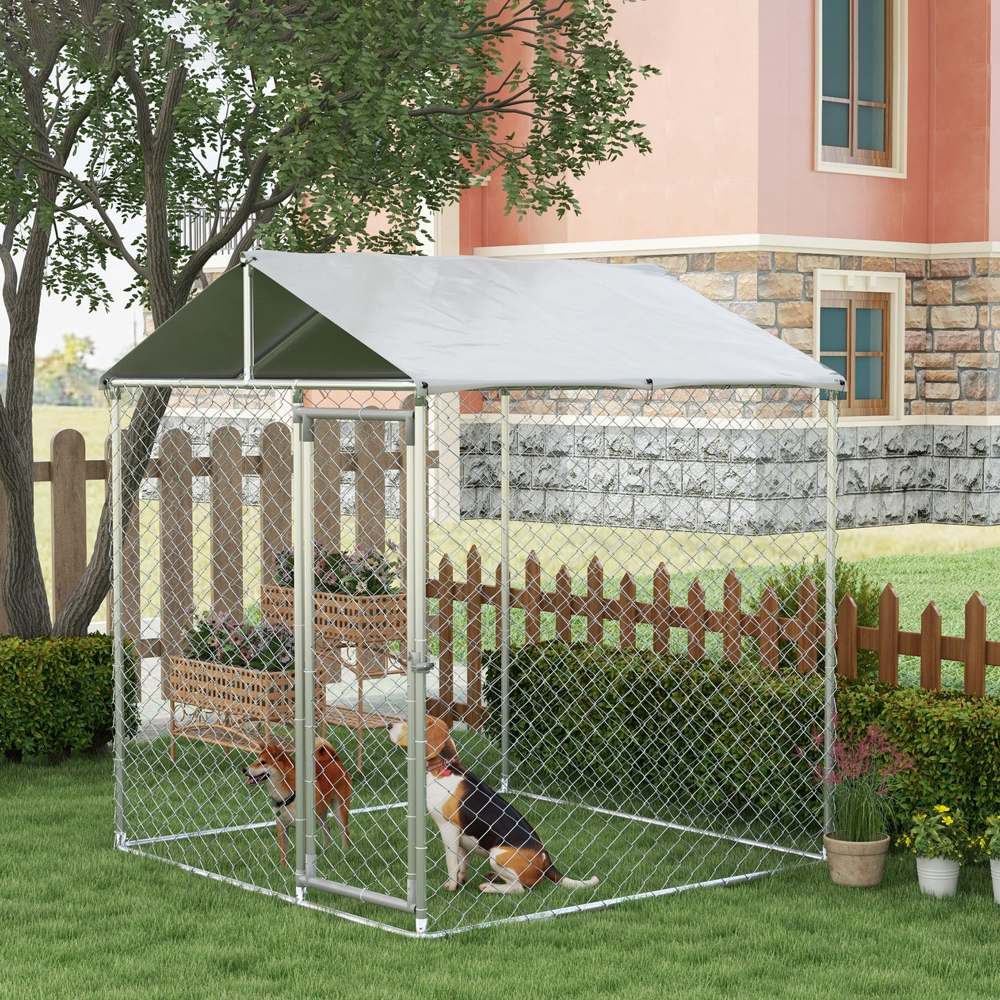 PawHut Perrera Jaula de Exterior para Perros Medianos Parque para Perros con Cerradura Marco de Acero Toldo Impermeable y Anti-UV 200x200x237 cm Plata