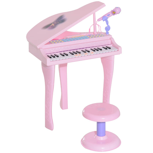 HOMCOM Piano Infantil 37 Teclas Teclado Electrónico Juego de Piano con Micrófono Taburete Luces y 22 Canciones USB/MP3 Karaoke Modo de Enseñanza Rosa