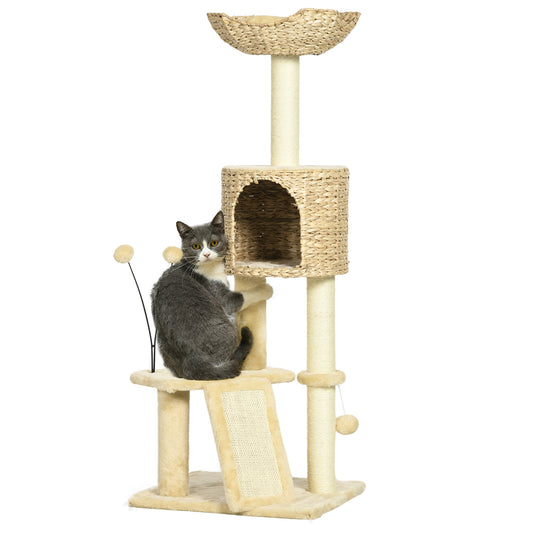 PawHut Árbol Rascador para Gatos de 116 cm Torre para Gatos Interior con Postes para Rascar Cama Cueva de Espadañas Rampa y Bolas 45x40x116 cm Beige