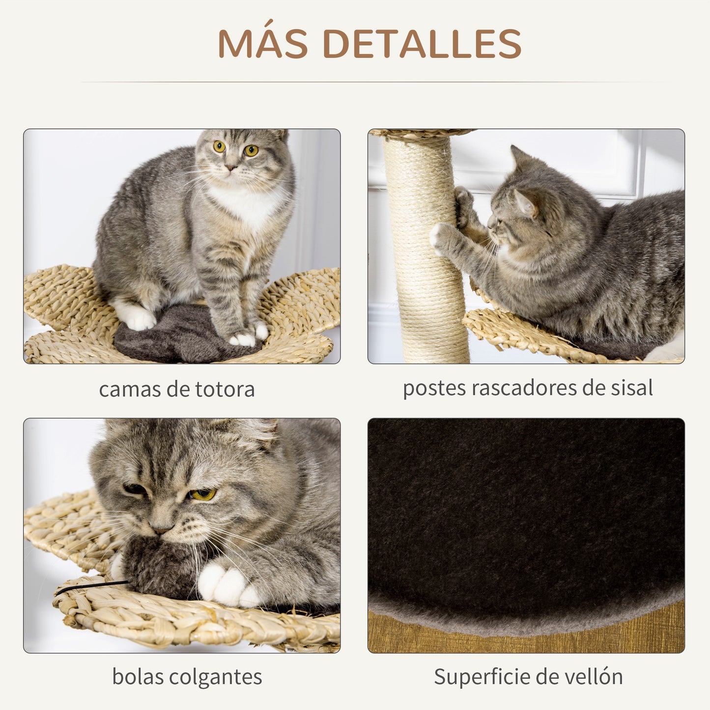 PawHut Árbol Rascador para Gatos Mediano Altura 69 cm Torre para Gatos con Cama de Flores Poste de Sisal y Bola Colgante para Jugar 50x50x69 cm Marrón y Beige