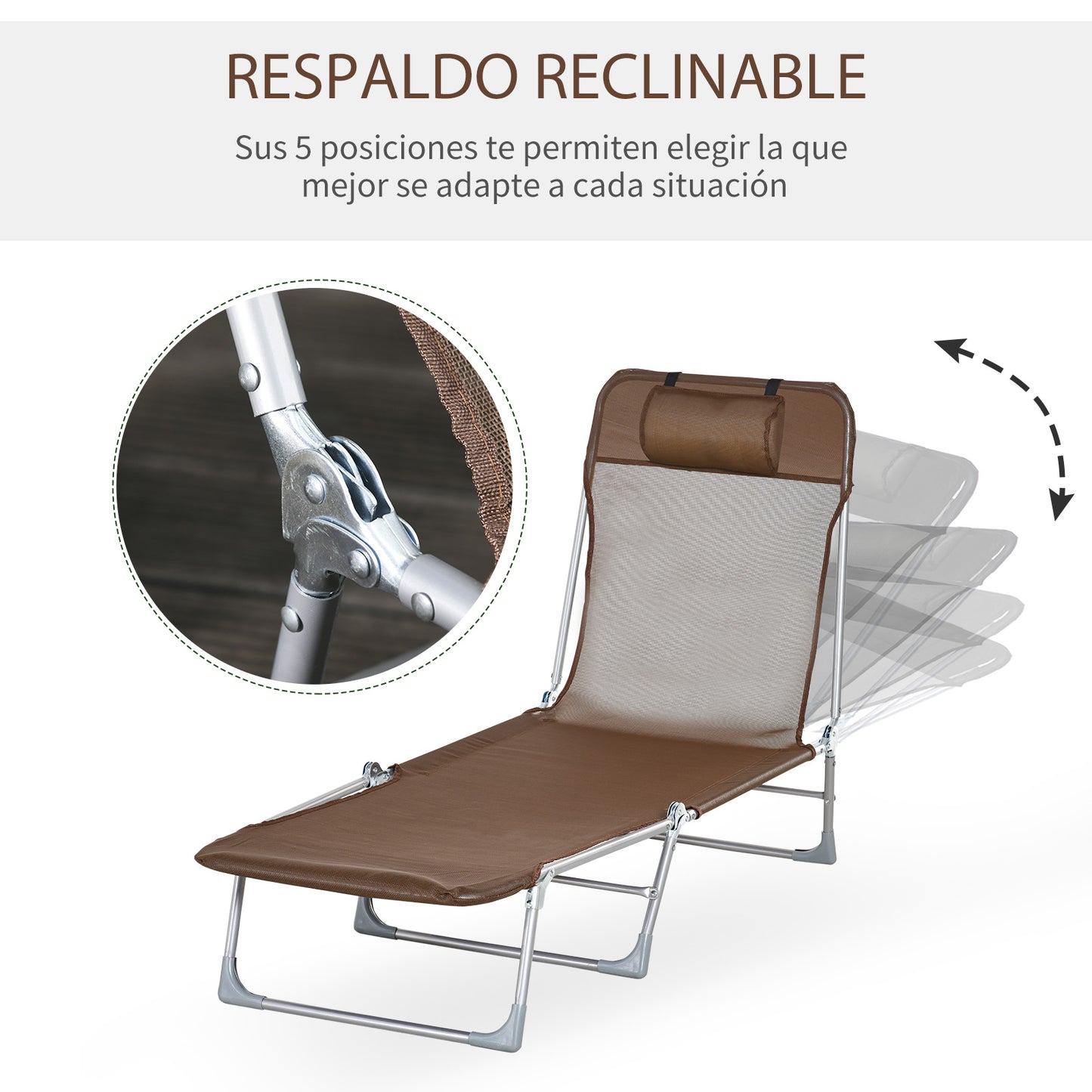 Outsunny Tumbona Plegable y Reclinable de Jardín con Reposacabezas y Respaldo Ajustable en 5 Niveles Tela de Texteline Transpirable 182x56x28 cm Marrón