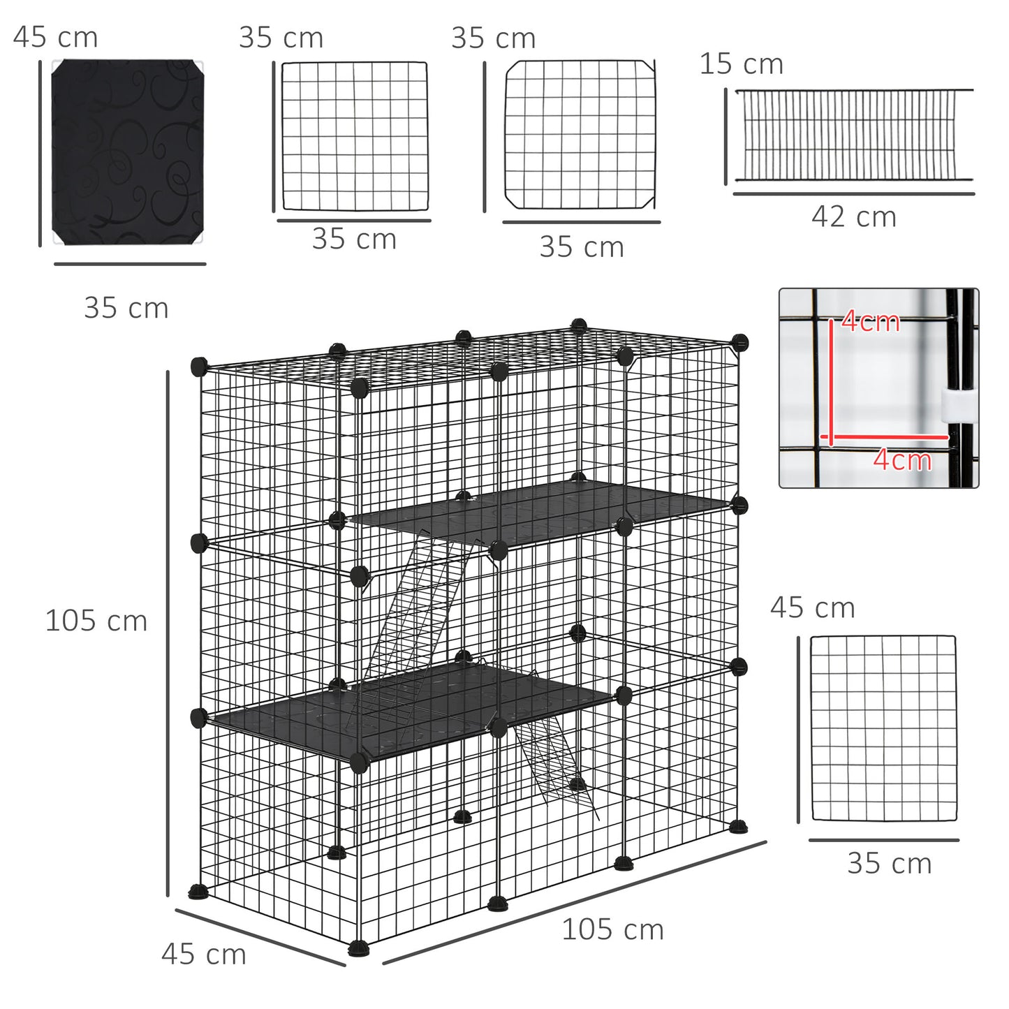 PawHut Jaula para Animales Pequeños de 31 Paneles Parque para Mascotas en Bricolaje con Rampa Corralito para Cobayas Conejos Chinchillas 105x45x105 cm Negro