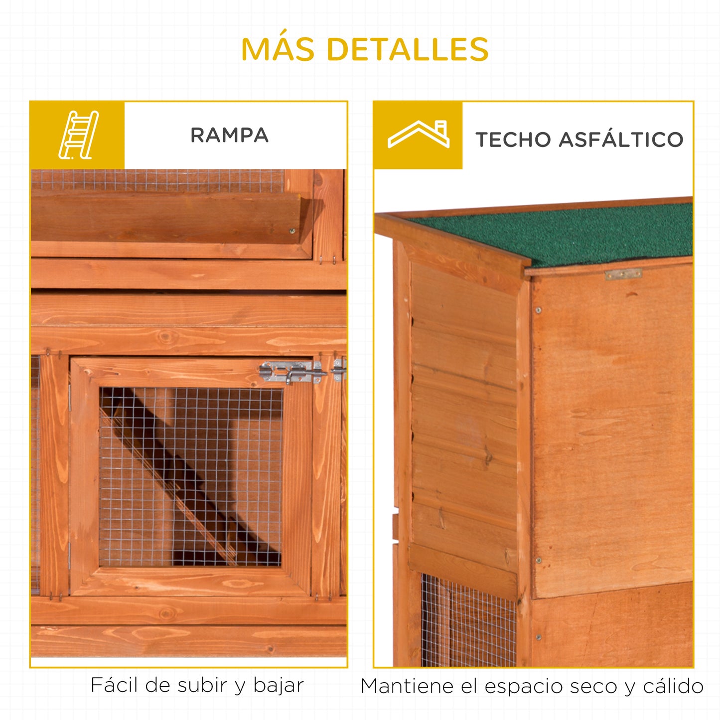 PawHut Conejera de Madera Exterior de 2 Niveles Jaula para Conejos con Techo de Asfalto Abrible Rampa Puertas y 2 Bandejas Extraíbles 120x48x100 cm Madera Natural