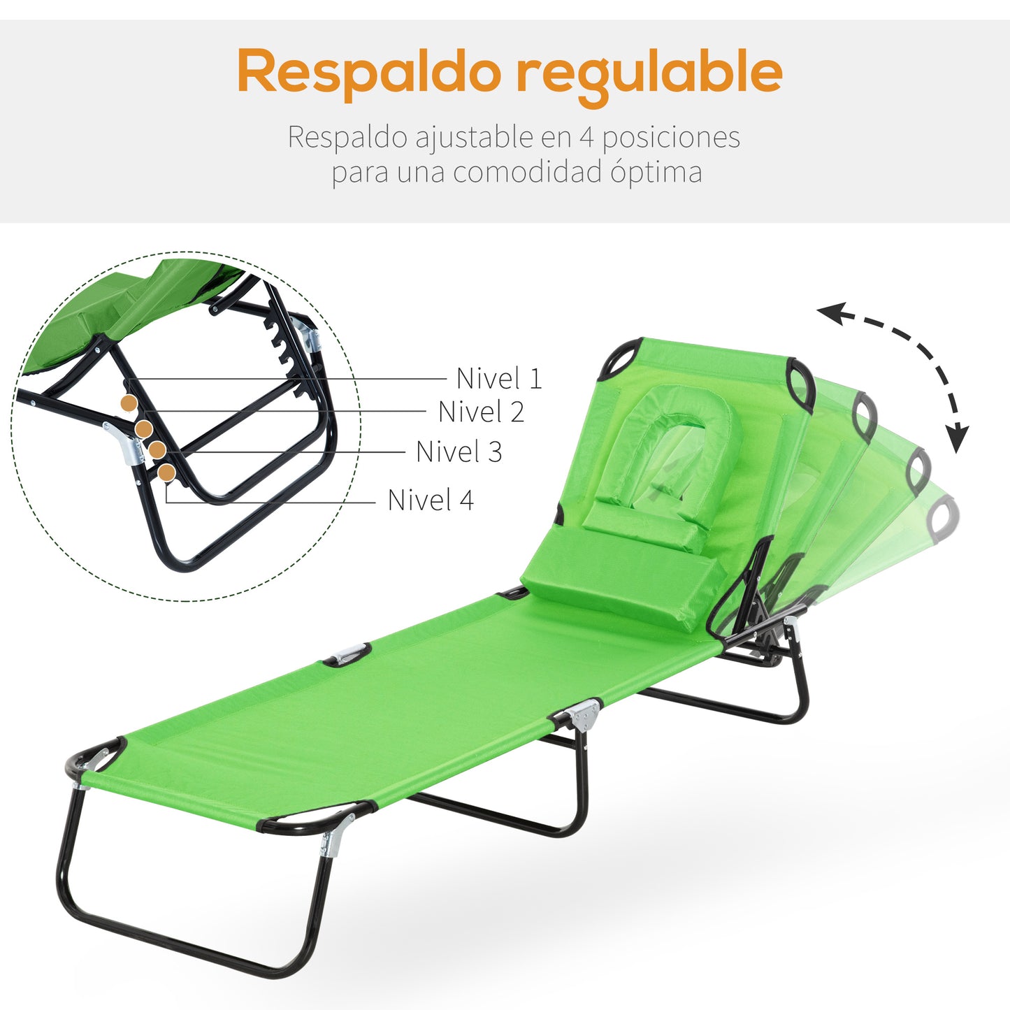 Outsunny Tumbona Plegable con Respaldo Regulable en 4 Posiciones Tumbona de Jardín con Almohada Marco de Acero y Tela Oxford para Camping Playa Terraza Carga 120 kg 190x56x28 cm Verde