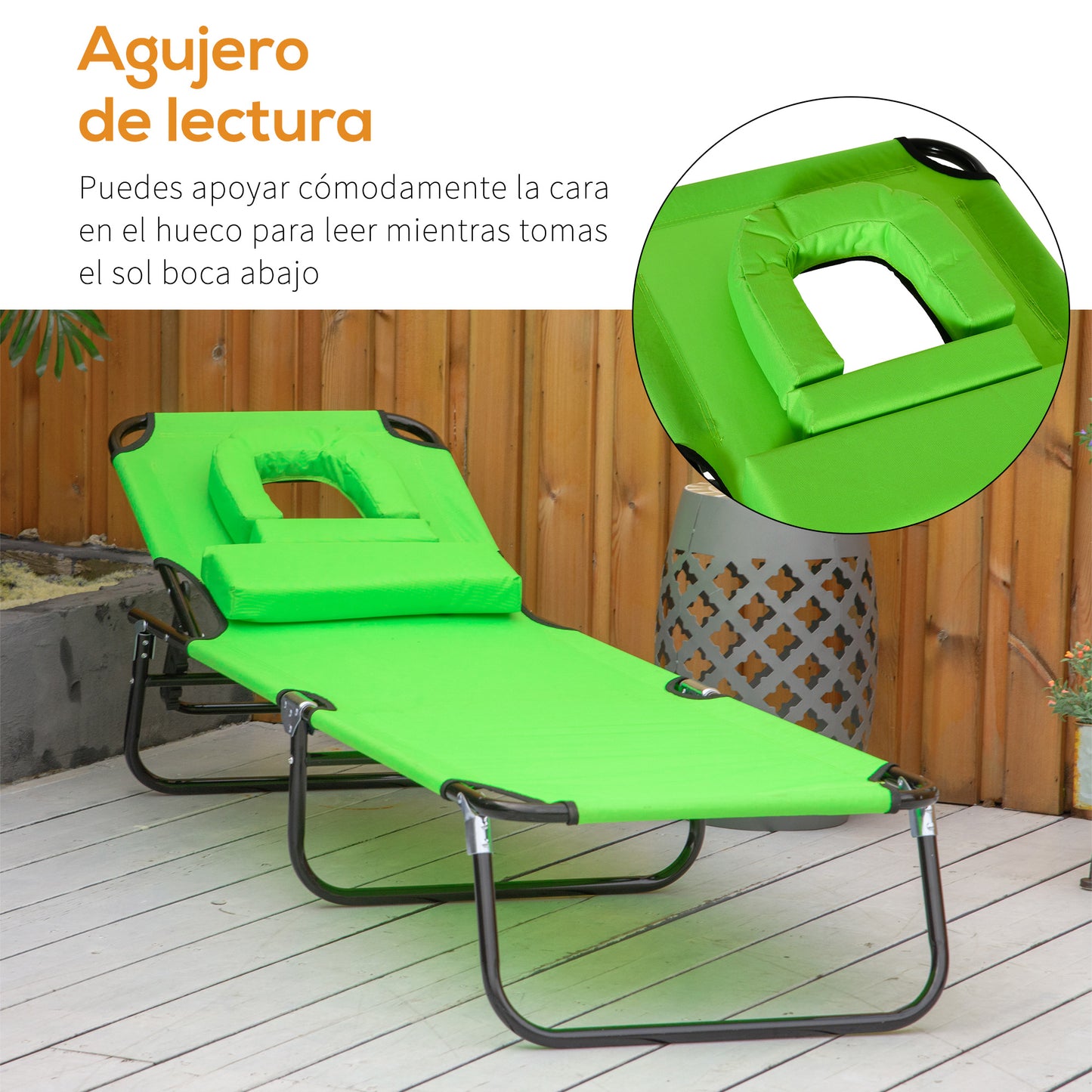 Outsunny Tumbona Plegable con Respaldo Regulable en 4 Posiciones Tumbona de Jardín con Almohada Marco de Acero y Tela Oxford para Camping Playa Terraza Carga 120 kg 190x56x28 cm Verde