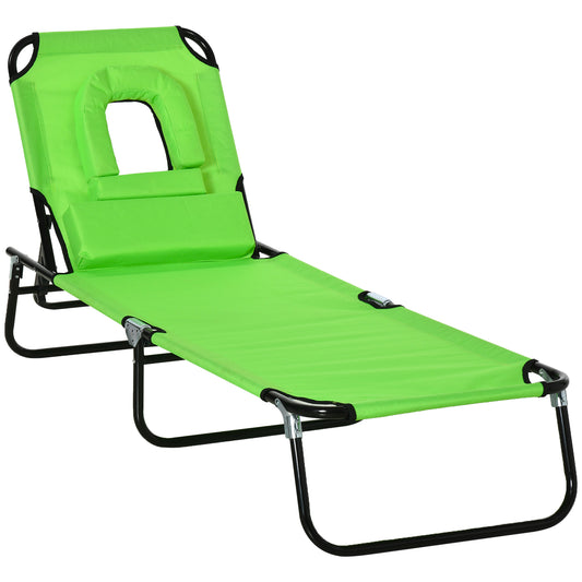 Outsunny Tumbona Plegable con Respaldo Regulable en 4 Posiciones Tumbona de Jardín con Almohada Marco de Acero y Tela Oxford para Camping Playa Terraza Carga 120 kg 190x56x28 cm Verde