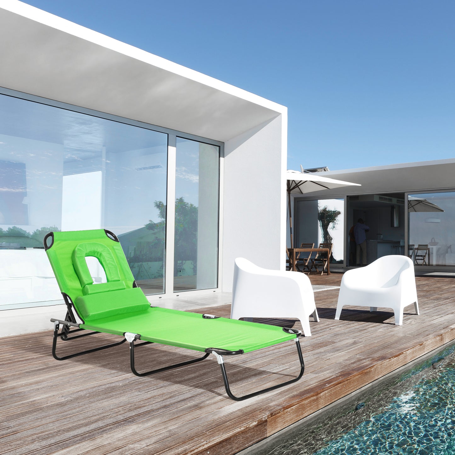 Outsunny Tumbona Plegable con Respaldo Regulable en 4 Posiciones Tumbona de Jardín con Almohada Marco de Acero y Tela Oxford para Camping Playa Terraza Carga 120 kg 190x56x28 cm Verde