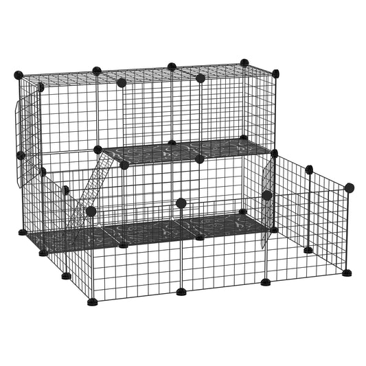 PawHut Valla para Animales Pequeños DIY con 24 Paneles Parque para Mascotas con Malla Metálica Jaula Modular para Cobayas Conejos Chinchillas 105x105x70 cm Negro