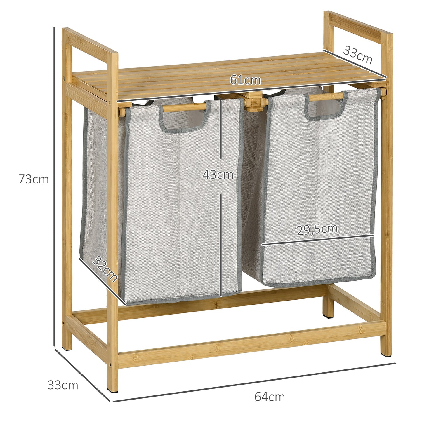 HOMCOM Cesto para Ropa Sucia de Bambú Cesto de la Ropa Sucia con 2 Bolsas Extraíbles y Estante Carga 20kg 2x40,6L para Baño Dormitorio 64x33x73 cm Natural