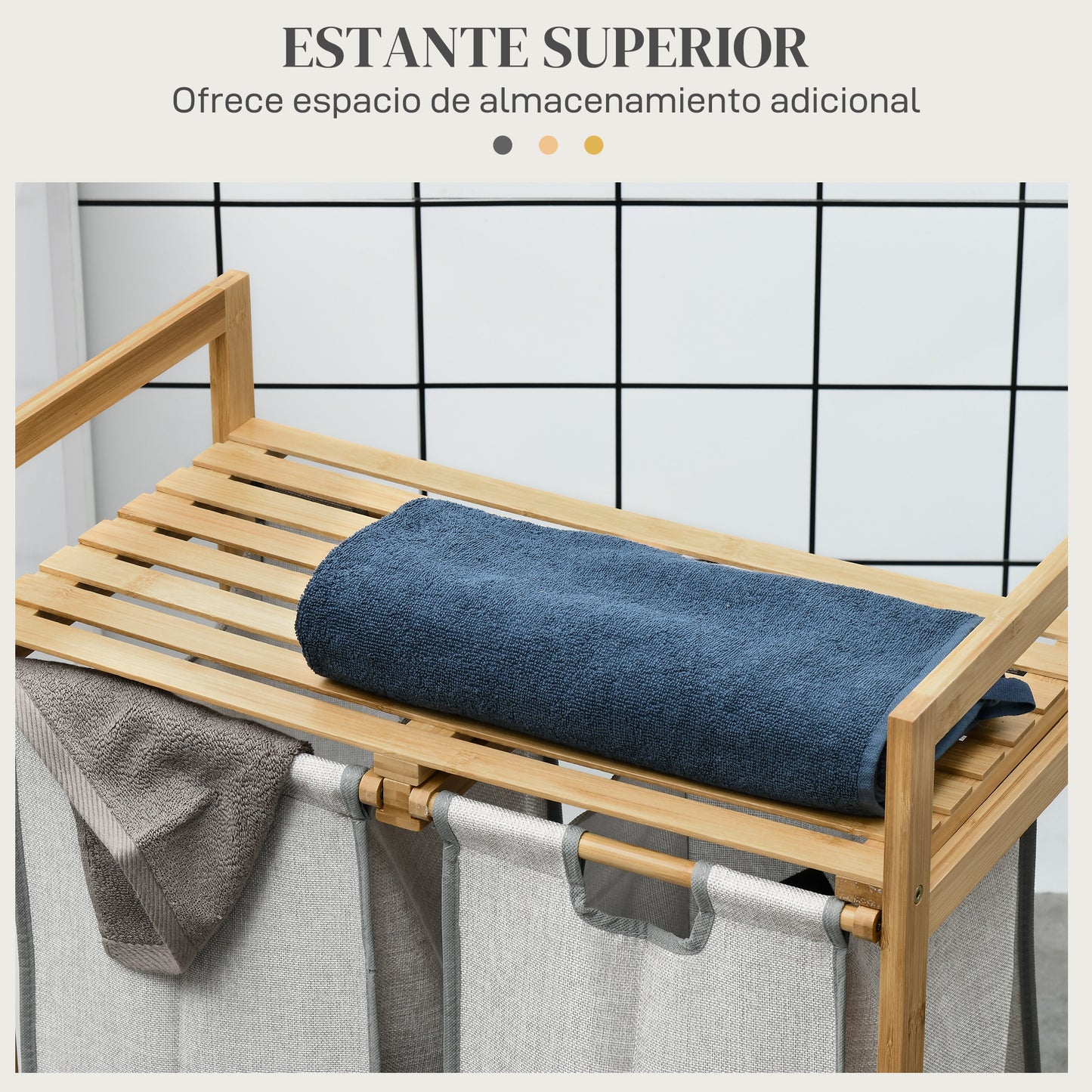 HOMCOM Cesto para Ropa Sucia de Bambú Cesto de la Ropa Sucia con 2 Bolsas Extraíbles y Estante Carga 20kg 2x40,6L para Baño Dormitorio 64x33x73 cm Natural