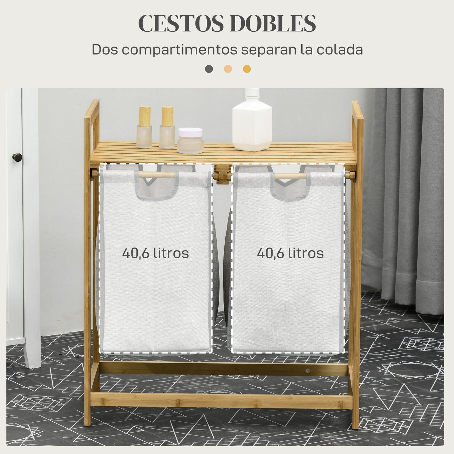 HOMCOM Cesto para Ropa Sucia de Bambú Cesto de la Ropa Sucia con 2 Bolsas Extraíbles y Estante Carga 20kg 2x40,6L para Baño Dormitorio 64x33x73 cm Natural