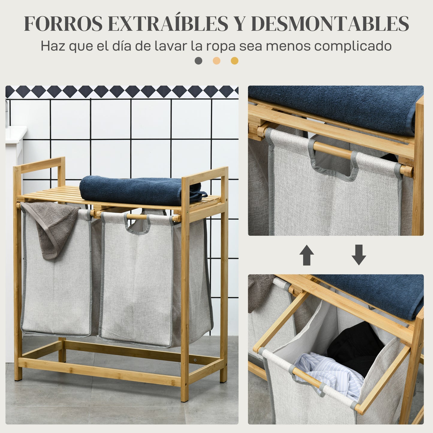 HOMCOM Cesto para Ropa Sucia de Bambú Cesto de la Ropa Sucia con 2 Bolsas Extraíbles y Estante Carga 20kg 2x40,6L para Baño Dormitorio 64x33x73 cm Natural