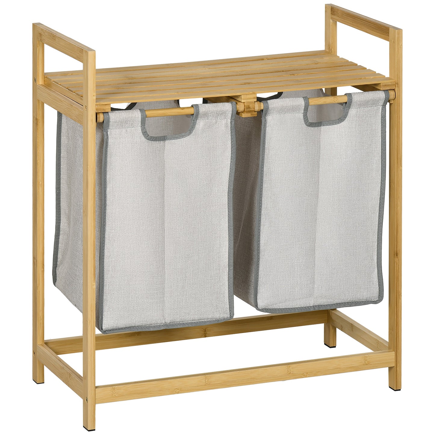 HOMCOM Cesto para Ropa Sucia de Bambú Cesto de la Ropa Sucia con 2 Bolsas Extraíbles y Estante Carga 20kg 2x40,6L para Baño Dormitorio 64x33x73 cm Natural