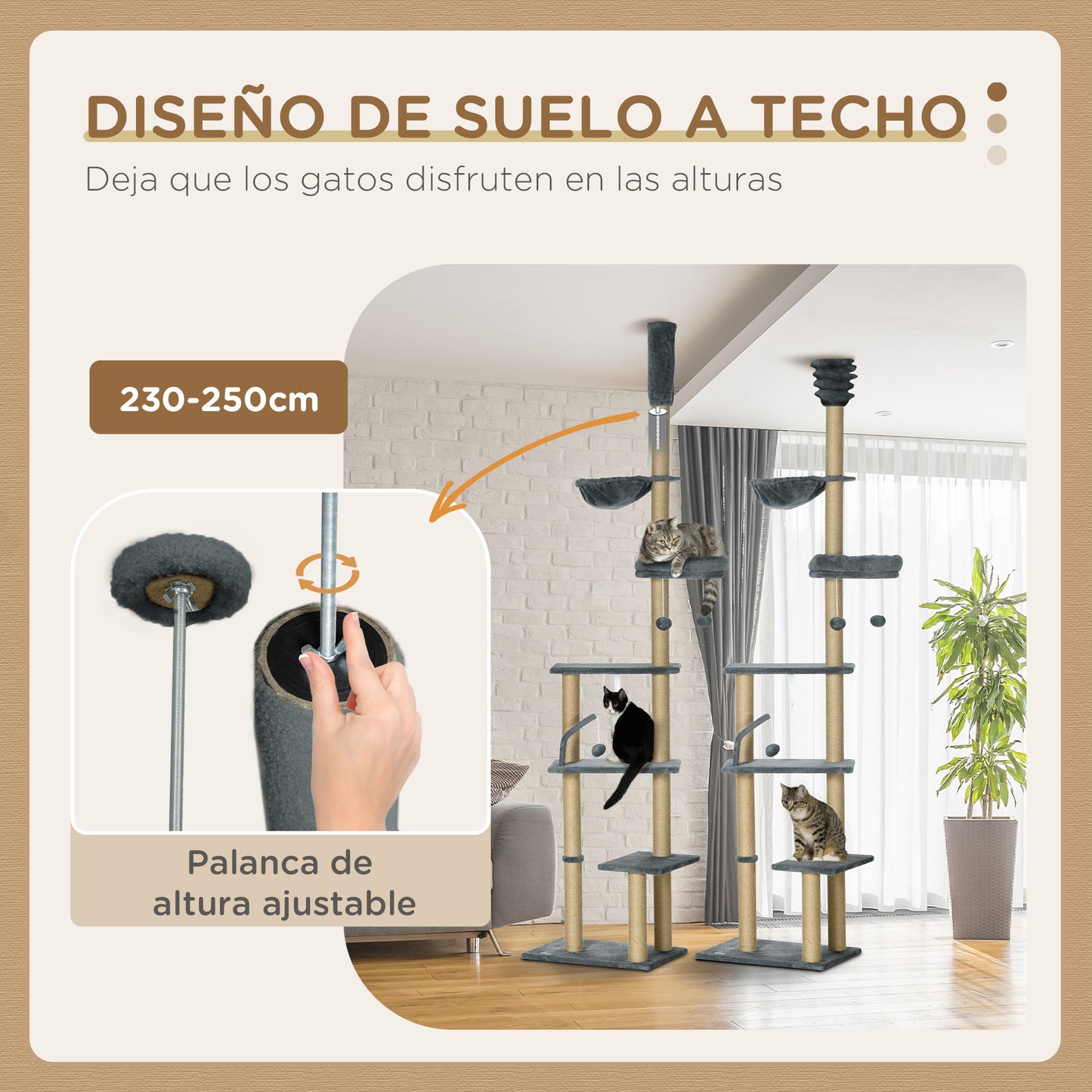 PawHut Árbol para Gatos de Suelo a Techo de 230-250 cm Árbol Rascador para Gatos con Altura Ajustable Múltiples Plataformas Cestos Hamaca Bolas Colgantes Gris