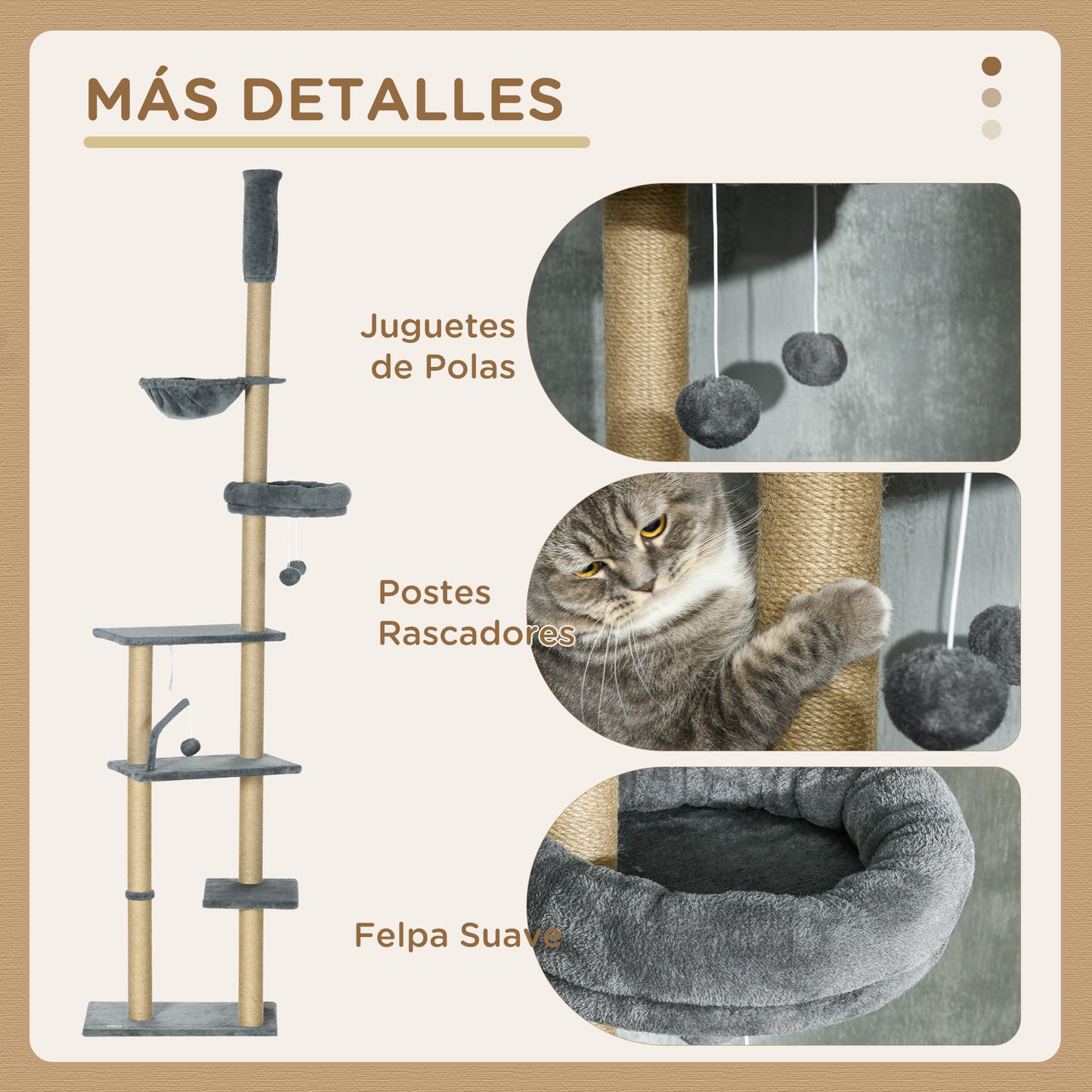 PawHut Árbol para Gatos de Suelo a Techo de 230-250 cm Árbol Rascador para Gatos con Altura Ajustable Múltiples Plataformas Cestos Hamaca Bolas Colgantes Gris