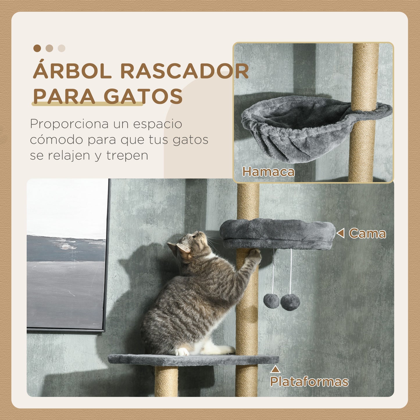 PawHut Árbol para Gatos de Suelo a Techo de 230-250 cm Árbol Rascador para Gatos con Altura Ajustable Múltiples Plataformas Cestos Hamaca Bolas Colgantes Gris