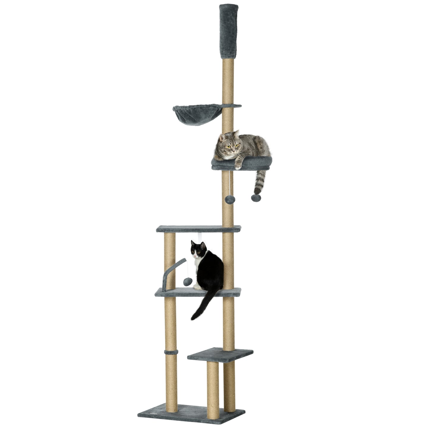 PawHut Árbol para Gatos de Suelo a Techo de 230-250 cm Árbol Rascador para Gatos con Altura Ajustable Múltiples Plataformas Cestos Hamaca Bolas Colgantes Gris